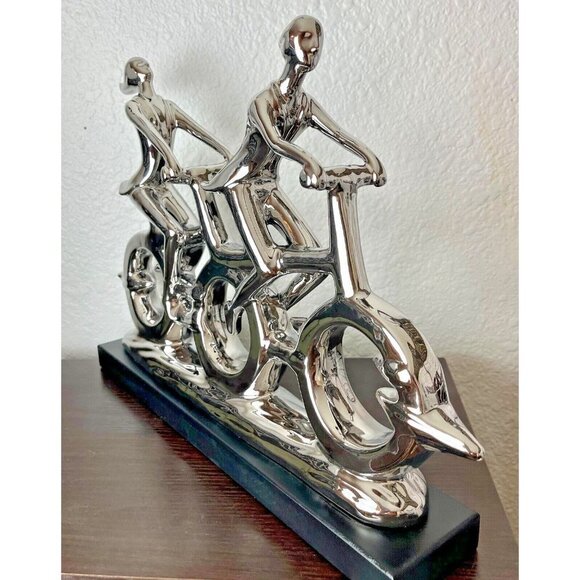 Uma Metallic Polished Finish Double Riding Bicycle Motif Statue - Picture 2 of 3